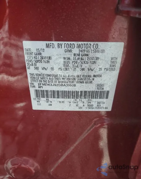 2013 Ford Edge Sel из США, поврежденный, VIN 2FMDK3J92DBA39926